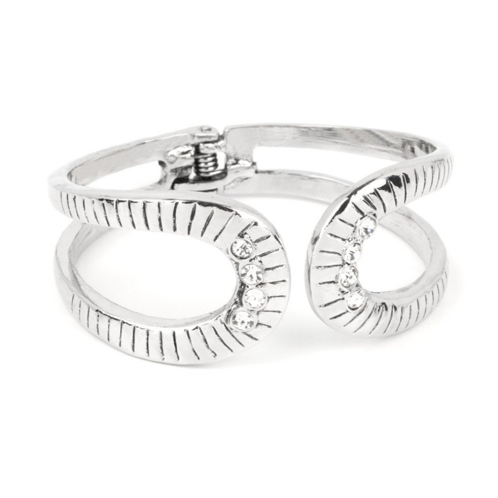 Silver Rhinestone Cuff Bracelet Desert Prosperity - White Silver Hinged Fashion